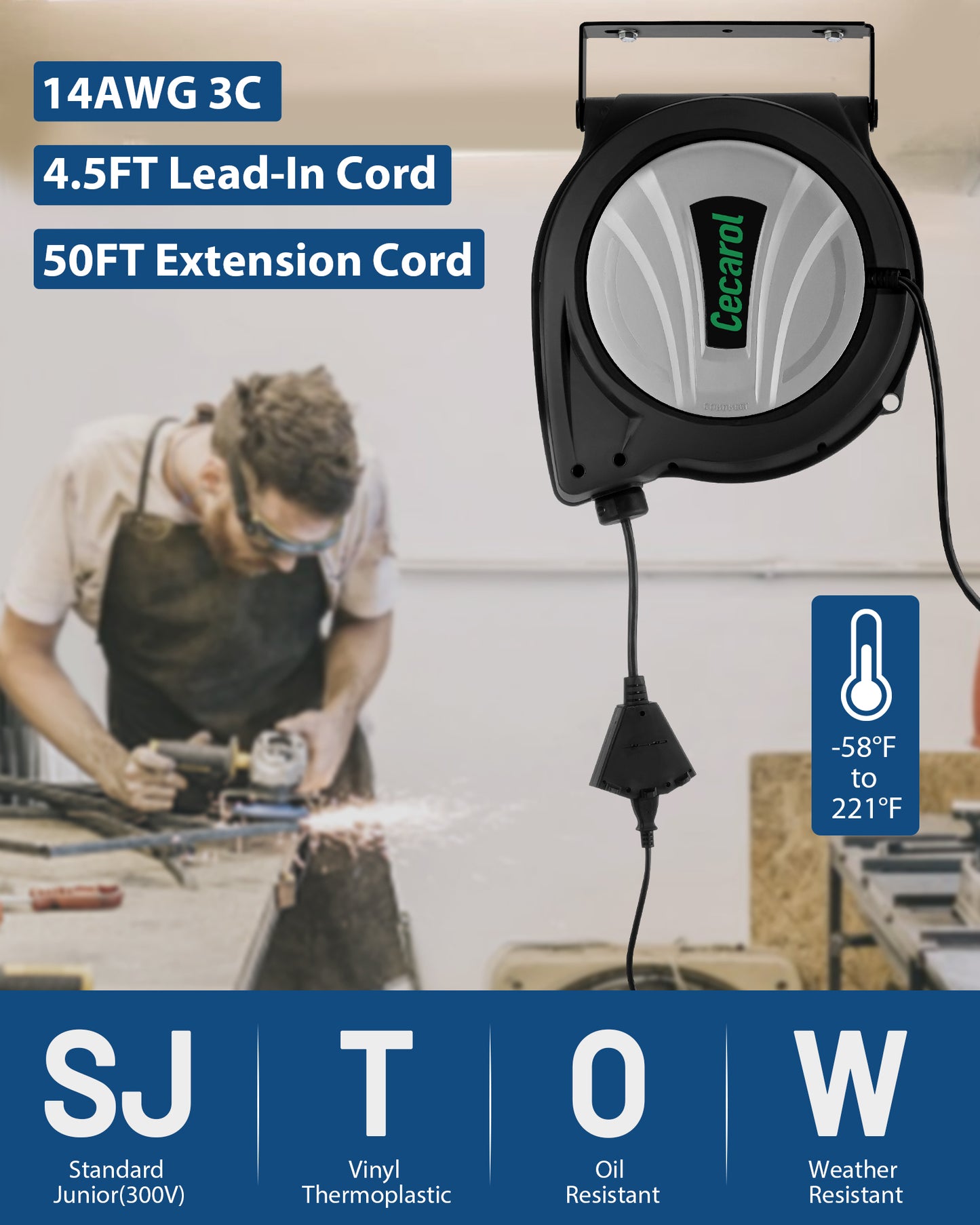 Cecarol Extension Cord Reel 14AWG/3C SJTOW 50 FT Retractable Cord with Triple Tap, 13A/ 125V/ 1625W