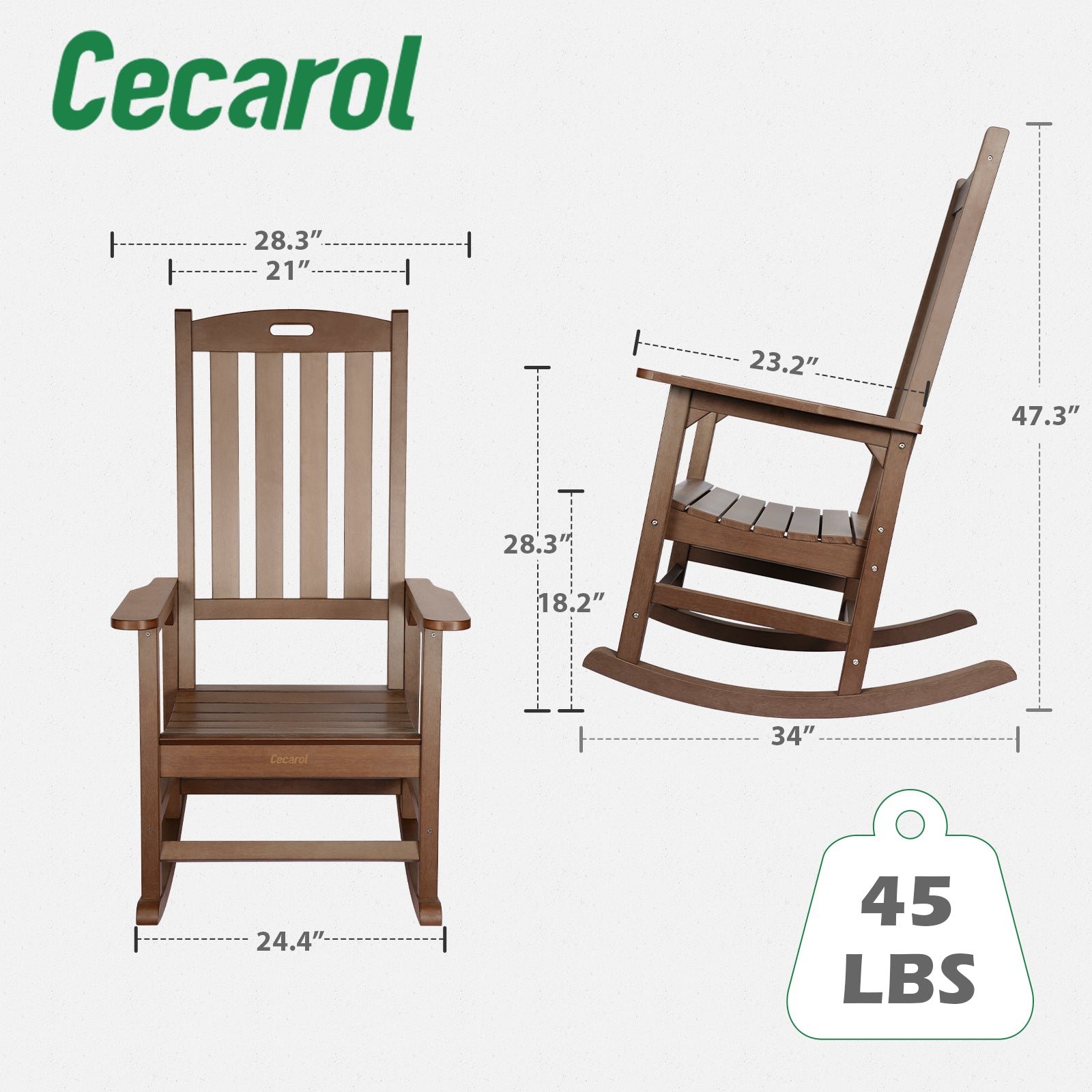Cecarol Patio Oversized Rocking Chair Outdoor, Weather Resistant, Low  Maintenance, High Back Front Porch Rocker Chairs 385lbs Support Poly Lumber  Rocker, Wood-Like Plastic Chair, Black-PRC01