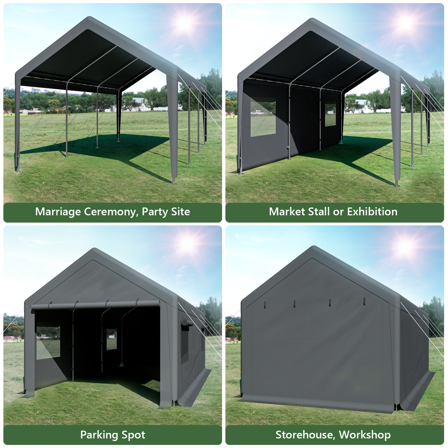 Cecarol 10x20x9FT Carport with 200G PE All Weather Tarp and 4 Air Permeability Windows (Gray)