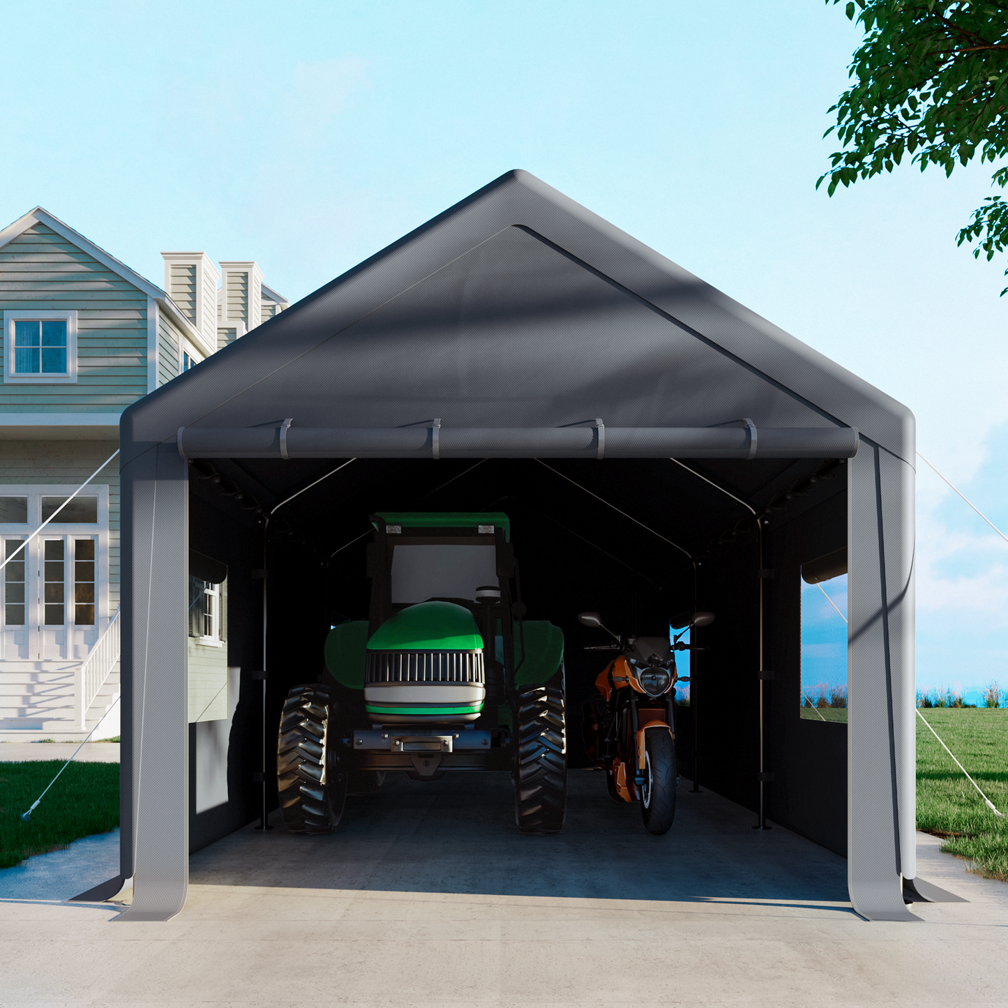 Cecarol 10x20x9FT Carport with 200G PE All Weather Tarp and 4 Air Permeability Windows (Gray)