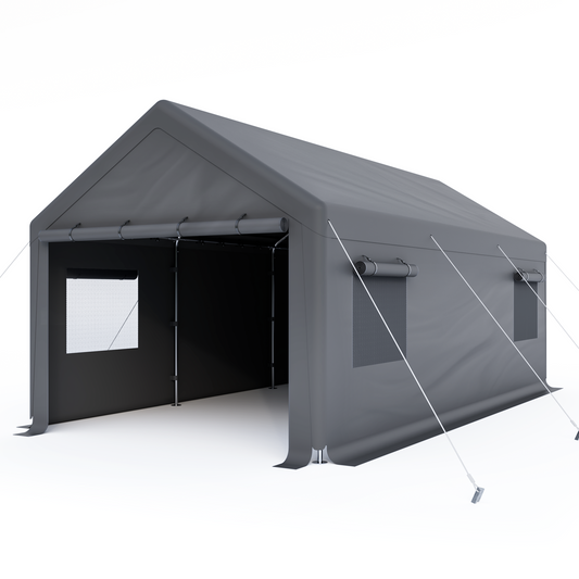 Cecarol 10x20x9FT Carport with 200G PE All Weather Tarp and 4 Air Permeability Windows (Gray)