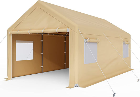 Cecarol 10x20x9FT Carport with 200G PE All Weather Tarp and 4 Air Permeability Windows (Beige)